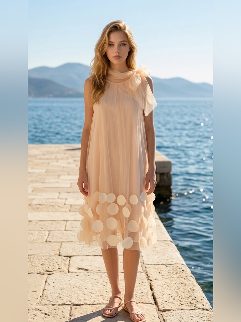 Sleeveless Cream Midi Tulle Dress with Dot Hem